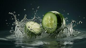 rebanadas de Fresco Pepino caído dentro agua y creado un hermosa agua chapoteo ese aislado en oscuro negro estudio antecedentes. producto fotografía. ai generado foto