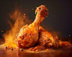 Chicken Pieces with Spice on Fire. Isolated on dark background. Barbecue and grilling. AI Generated photo