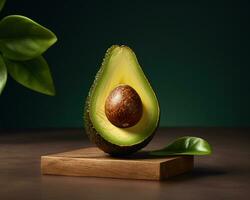 Half-cut avocado on a wooden board. Professional look, studio shot product photography. AI Generated photo