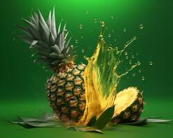 Pineapple drops from the air and juice splashes isolated on green background. AI Generated photo
