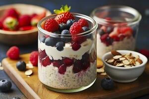 Mixed berries overnight oats with almond flakes in a glass jar, healthy breakfast.  AI Generated photo