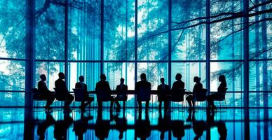 Business meeting at a large table in a bright office with large windows, business concept - AI generated image photo