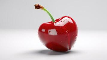 Fresh single ripe juicy cherry with water drop isolated on white background. AI Generated photo