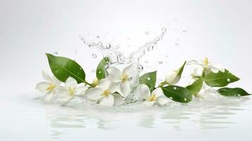 White jasmine flowers fall into the water and make a beautiful water splash. Light white background. AI Generated photo