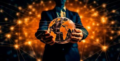 Close-up of a businessman holding a digital globe in his palm, business concept - AI generated image photo