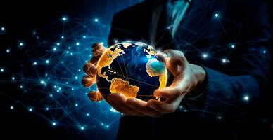 Close-up of a businessman holding a digital globe in his palm, business concept - AI generated image photo