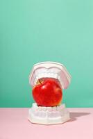 Plastic jaws hold red apple in teeth. Dental health and dentistry concept. Colored creative art. photo