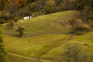 Autumn mountain landscape with yellow grass and rural wooden barn. Countryside nature photo