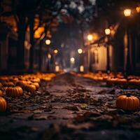 Halloween pumpkin background. Orange pumpkins with leaves on a dark mystical alley with lanterns and trees. Halloween scary background. Photorealistic illustration. photo