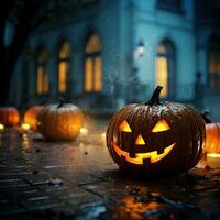 Víspera de Todos los Santos calabaza antecedentes. naranja brillante calabaza con velas y hojas en un oscuro místico casa antecedentes. Víspera de Todos los Santos de miedo antecedentes. fotorrealista ilustración. foto