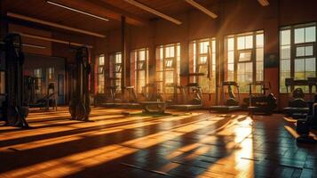 ai generativo aptitud gimnasio interior con equipo y luz de sol. 3d representación foto