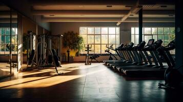 ai generative Interior of a fitness hall with sport equipment. Horizontal. photo