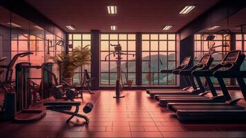 ai generativo interior de un moderno gimnasio con aptitud equipo. 3d representación foto