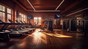 ai generative Modern gym interior with fitness equipment. Horizontal composition. Toned. photo