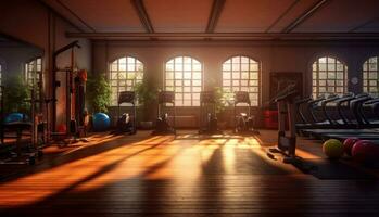 ai generative Interior of a fitness hall with large windows. 3D rendering photo