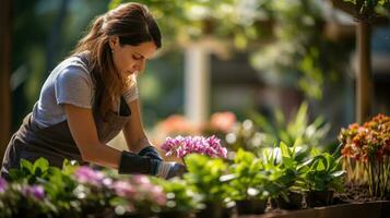 A Joyful Gardener Tending to Her Flowers In her gardening gloves and apron photo