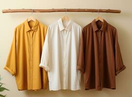 Tres vestir camisas colgando en un de madera percha foto