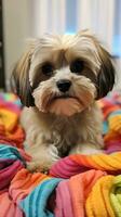 Shih Tzu with a playful topknot, sitting on a colorful blanket photo