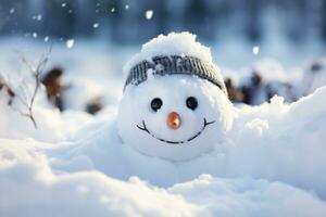 alegre monigote de nieve en un antecedentes de invierno nieve foto