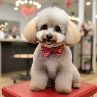 Poodle with a classic summer cut, sittin pretty with a red bow photo