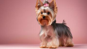 Yorkshire terrier with a sleek and modern puppy cut on photo