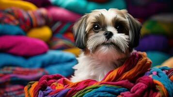 shih tzu con un juguetón moño, sentado en un vistoso cobija foto