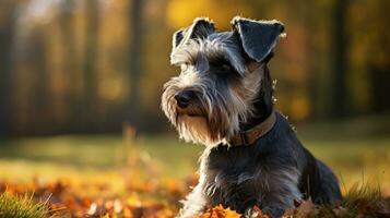 Terrier with a traditional schnauzer cut, looking alert and adorable photo