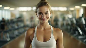 A young woman, is pictured alone in a gym wearing a sport tank top after a workout session photo