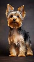 Yorkshire terrier with a sleek and modern puppy cut on photo