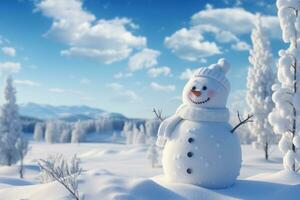 a snowman is standing in a snow field with clouds surrounding it photo