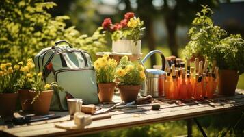 jardinería - conjunto de herramientas para jardinero y macetas de cerca foto