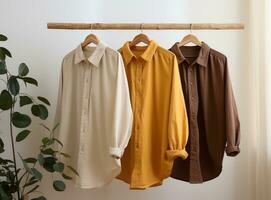 three dress shirts hanging on a wooden hanger photo