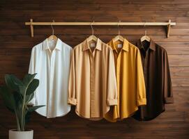 three dress shirts hanging on a wooden hanger photo