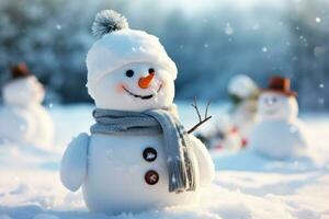 joyful snowman on a background of winter snow photo