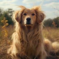 Golden retriever with a trendy lions mane cut, posing in a field photo