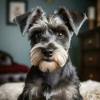 Terrier with a traditional schnauzer cut, looking alert and adorable photo