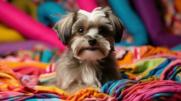 Shih Tzu with a playful topknot, sitting on a colorful blanket photo