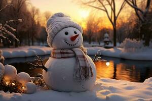 alegre monigote de nieve en un antecedentes de invierno nieve foto