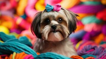 Shih Tzu with a playful topknot, sitting on a colorful blanket photo