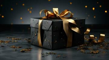 black and gold gift box on a gray background photo