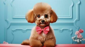 Poodle with a classic summer cut, sittin pretty with a red bow photo