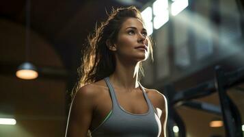 A young woman, is pictured alone in a gym wearing a sport tank top after a workout session photo