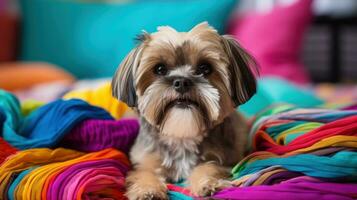 Shih Tzu with a playful topknot, sitting on a colorful blanket photo