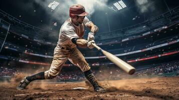 profesional béisbol jugador en acción en grandioso arena foto