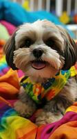 Shih Tzu with a playful topknot, sitting on a colorful blanket photo