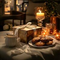 regalo caja en un mesa con galletas en eso foto