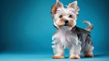 Yorkshire terrier con un pulcro y moderno perrito cortar en foto