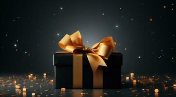 black and gold gift box on a gray background photo