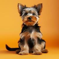 Yorkshire terrier with a sleek and modern puppy cut on photo