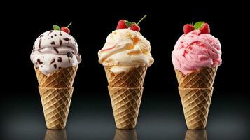 Waffle with ice cream balls on dark background photo